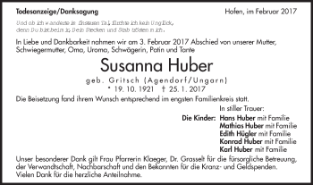 Traueranzeige von Susanna Huber von Schwäbische Post