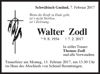 Traueranzeige von Walter Zodl von Gmünder Tagespost