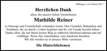 Traueranzeige von Mathilde Reiner von Gmünder Tagespost