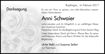 Traueranzeige von Anni Schwaier von Schwäbische Post