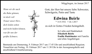 Traueranzeige von Edwina Beirle von Gmünder Tagespost