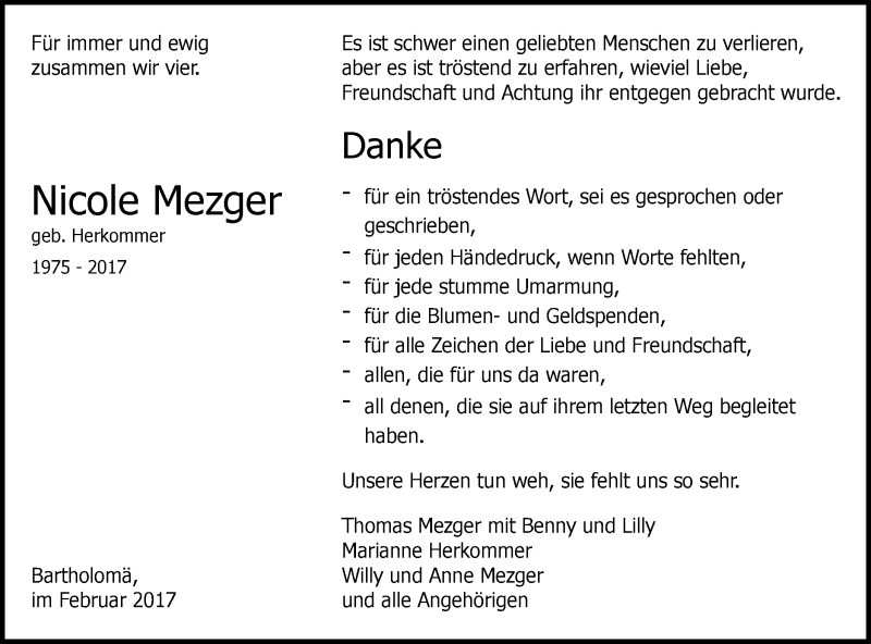  Traueranzeige für Nicole Mezger vom 14.02.2017 aus Gmünder Tagespost