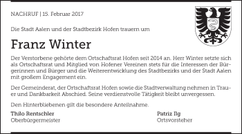 Traueranzeige von Franz Winter von Schwäbische Post