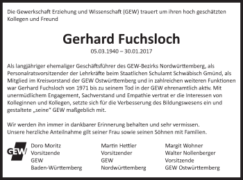 Traueranzeige von Gerhard Fuchsloch von Gmünder Tagespost
