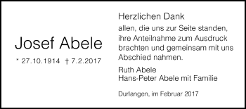 Traueranzeige von Josef Abele von Gmünder Tagespost