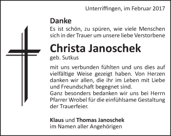 Traueranzeige von Christa Janoschek von Bopfinger Stadtanzeiger