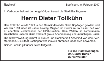 Traueranzeige von Dieter Tollkühn von Bopfinger Stadtanzeiger