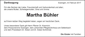 Traueranzeige von Martha Bühler von Schwäbische Post