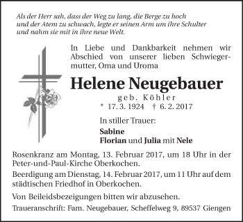 Traueranzeige von Helene Neugebauer von Schwäbische Post