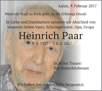 Traueranzeige von Heinrich Paar von Schwäbische Post