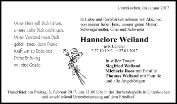 Traueranzeige von Hannelore Weiland von Schwäbische Post