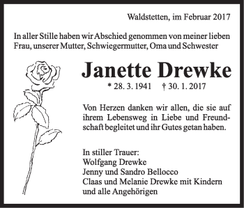 Traueranzeige von Janette Drewke von Gmünder Tagespost
