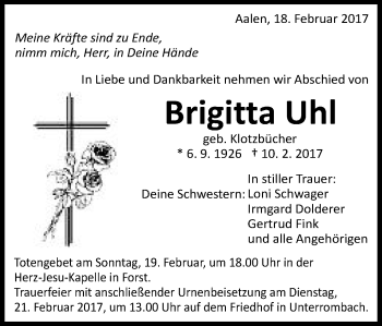 Traueranzeige von Brigitta Uhl von Schwäbische Post