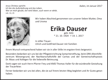 Traueranzeige von Erika Dauser von Schwäbische Post