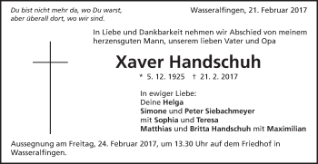 Traueranzeige von Xaver Handschuh von Schwäbische Post