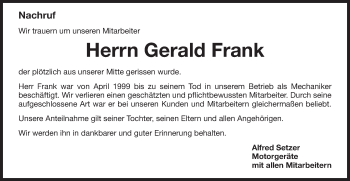 Traueranzeige von Gerald Frank von Schwäbische Post