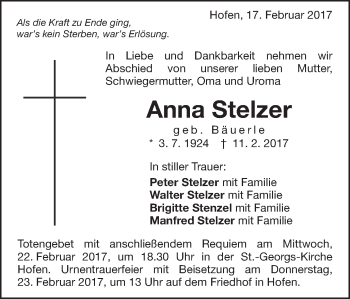 Traueranzeige von Anna Stelzer von Schwäbische Post