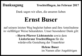 Traueranzeige von Ernst Buser von Schwäbische Post