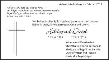 Traueranzeige von Hildegard Dietel von Schwäbische Post