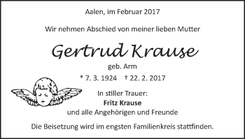 Traueranzeige von Gertrud Krause von Schwäbische Post