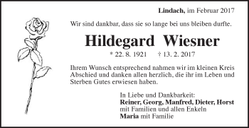 Traueranzeige von Hildegard Wiesner von Gmünder Tagespost