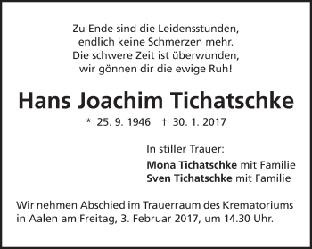 Traueranzeige von Hans Joachim Tichatschke von Schwäbische Post