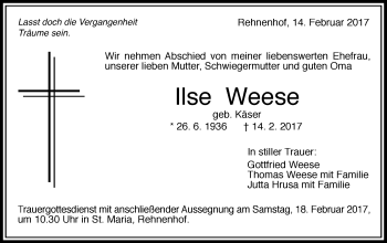 Traueranzeige von Ilse Weese von Gmünder Tagespost