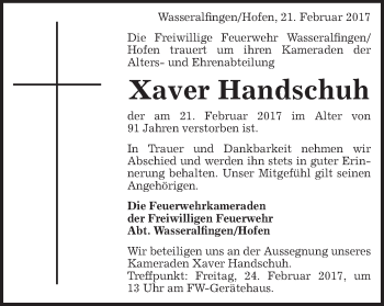 Traueranzeige von Xaver Handschuh von Schwäbische Post