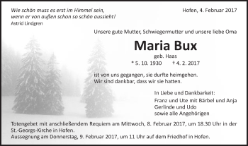 Traueranzeige von Maria Bux von Schwäbische Post