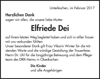 Traueranzeige von Elfriede Dei von Schwäbische Post