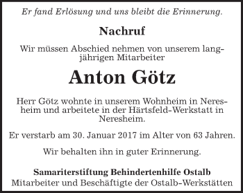 Traueranzeige von Anton Götz von Schwäbische Post