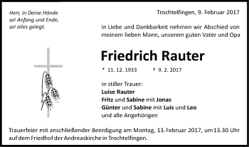 Traueranzeige von Friedrich Rauter von Schwäbische Post