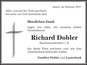 Traueranzeige von Richard Dobler von Schwäbische Post