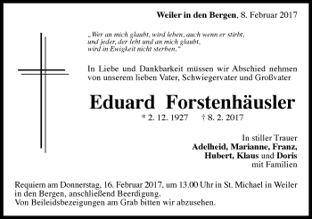 Traueranzeige von Eduard Forstenhäusler von Gmünder Tagespost
