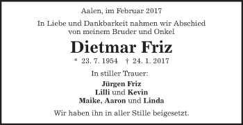 Traueranzeige von Dietmar Friz von Schwäbische Post