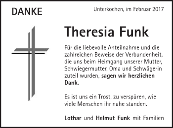 Traueranzeige von Theresia Funk von Schwäbische Post