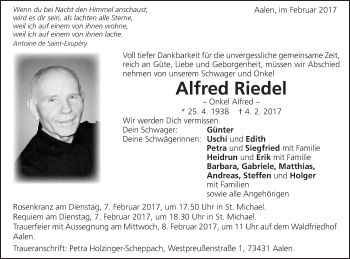 Traueranzeige von Alfred Riedel von Schwäbische Post