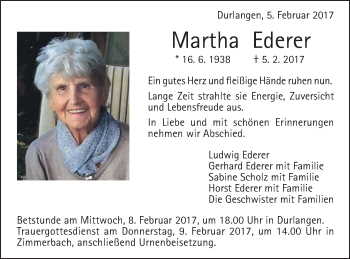 Traueranzeige von Martha Ederer von Gmünder Tagespost