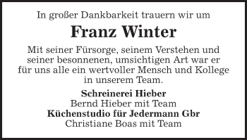 Traueranzeige von Franz Winter von Schwäbische Post