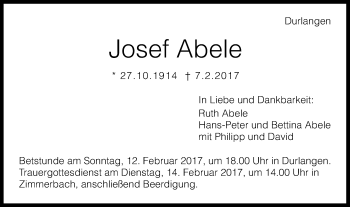 Traueranzeige von Josef Abele von Gmünder Tagespost