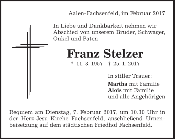 Traueranzeige von Franz Stelzer von Schwäbische Post