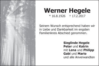Traueranzeige von Werner Hegele von Gmünder Tagespost