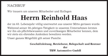 Traueranzeige von Reinhold Haas von Gmünder Tagespost