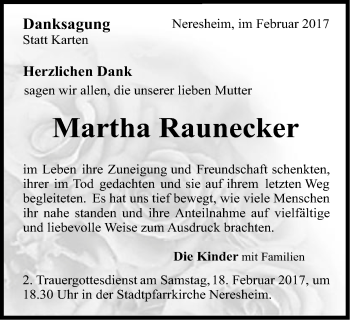 Traueranzeige von Martha Raunecker von Schwäbische Post