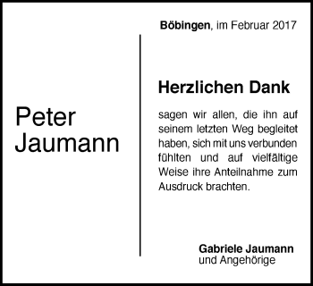 Traueranzeige von Peter Jaumann von Gmünder Tagespost