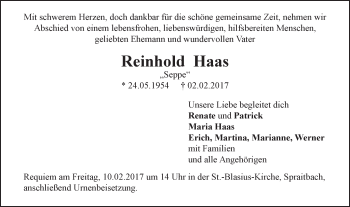 Traueranzeige von Reinhold Haas von Gmünder Tagespost