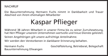 Traueranzeige von Kaspar Pflieger von Schwäbische Post
