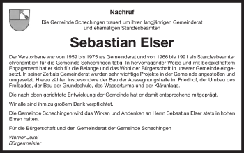 Traueranzeige von Sebastian Elser von Gmünder Tagespost