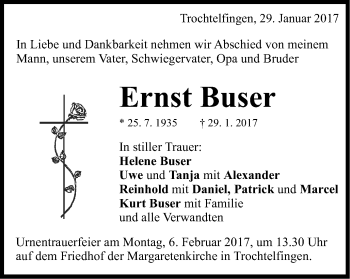Traueranzeige von Ernst Buser von Schwäbische Post