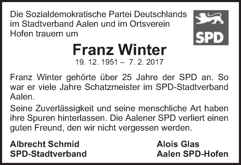  Traueranzeige für Franz Winter vom 15.02.2017 aus Schwäbische Post